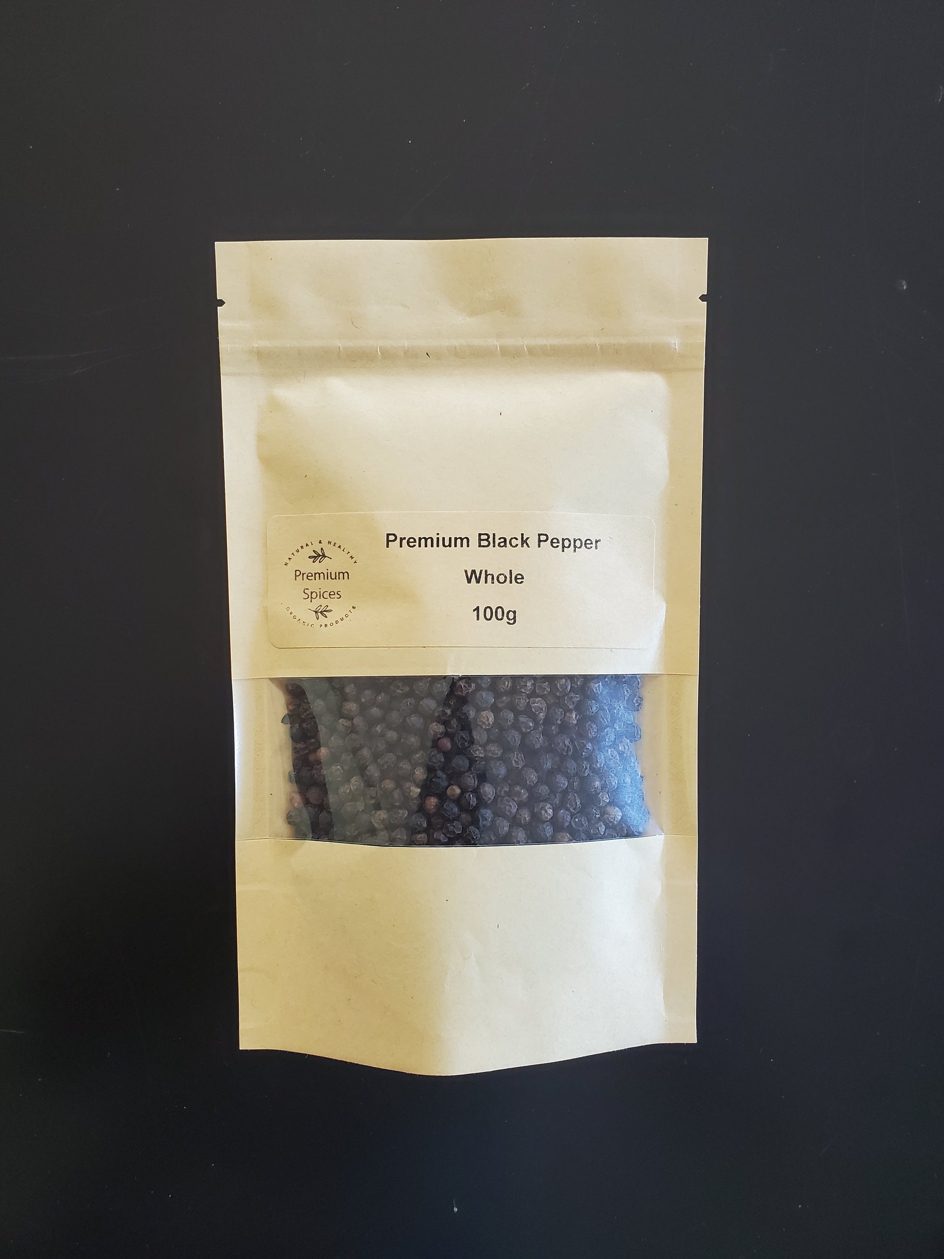 Whole Black pepper NZ| Pepper Spices | Peppercorn, showing the eco-frinedly 100g packaging