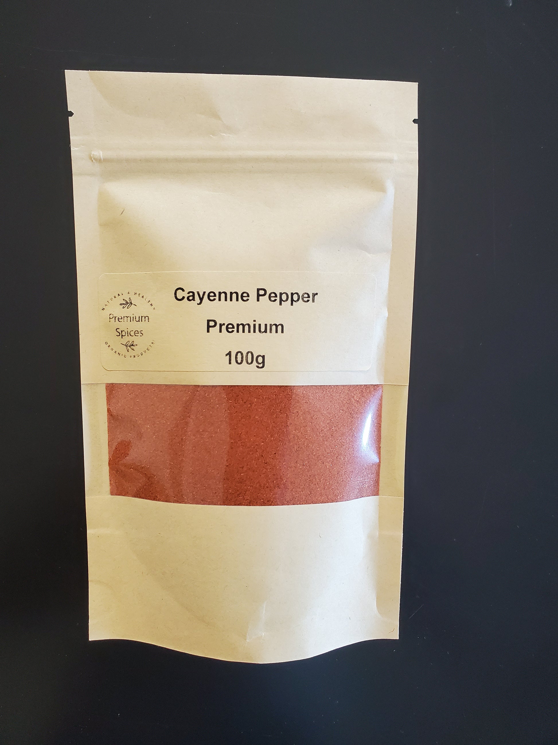 Premium Spices highest quality premium cayenne pepper in NZ, showing a 100g eco friendly pack 