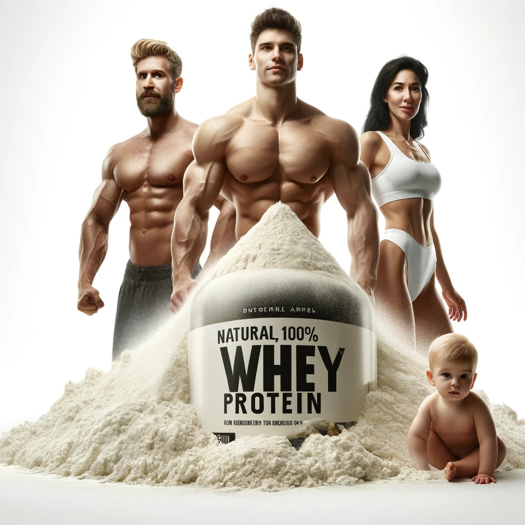 Picture of our Premium Whey Protein NZ Concentrate 100% Whey with models and a heap of Protein Powder