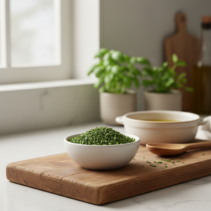 Premium dried chopped chives in a white ceramic bowl on a rustic wooden cutting board with fresh herbs and soup in the background