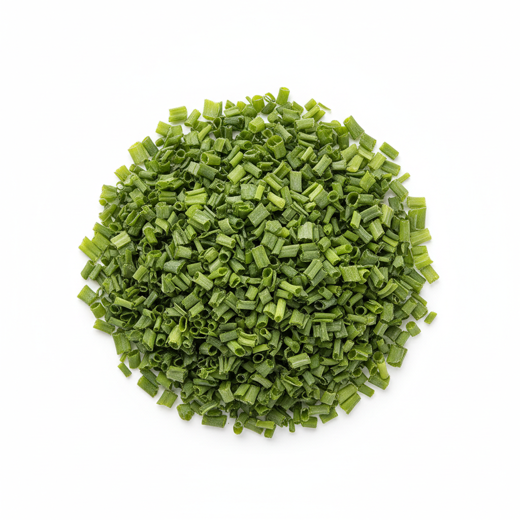 remium Chives Chopped Diced - dried green herb pieces on a clean white background showing texture and colour