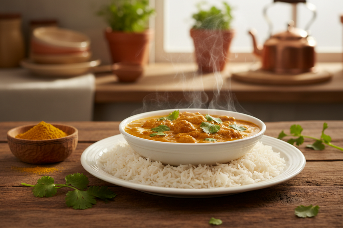 Premium Curry Powder Mild - creamy chicken curry served over rice with a bowl of golden curry powder on a rustic wooden table