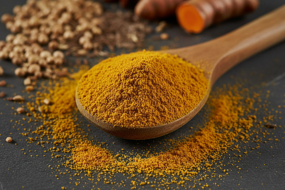 Premium Curry Powder Mild - golden yellow powder on a wooden spoon with whole spices in the background