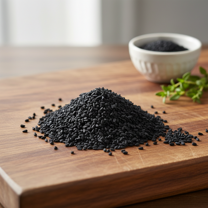  Premium Organic Nigella Seeds (kalonji / black cumin) pack on a rustic wooden board with scattered seeds — 100% certified organic, Premium Spices NZ