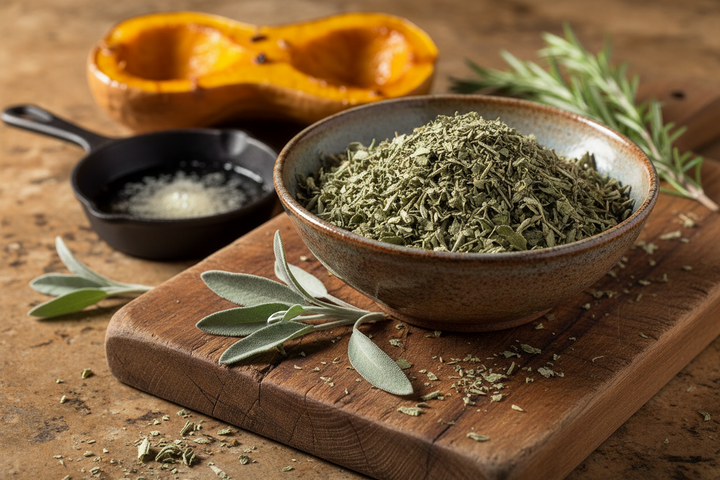 Premium Sage - dried rubbed sage leaves in a ceramic bowl with roasted butternut squash and rosemary on a rustic wooden board