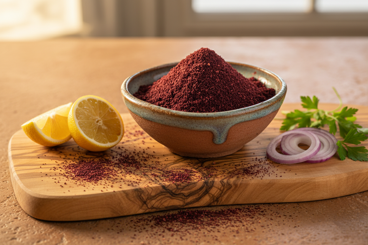 Premium Sumac Berries Ground - vibrant red sumac powder in a ceramic bowl with lemon and fresh herbs on an olive wood board